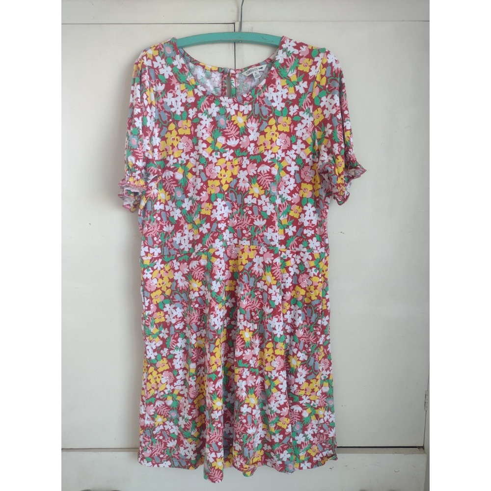 Toad & Co Laurel Dress Sz XL Red Pink Floral Tencel Lyocell Organic Cotton Short
